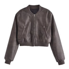 Classic Stand Collar Polished Leather Distressed Coat