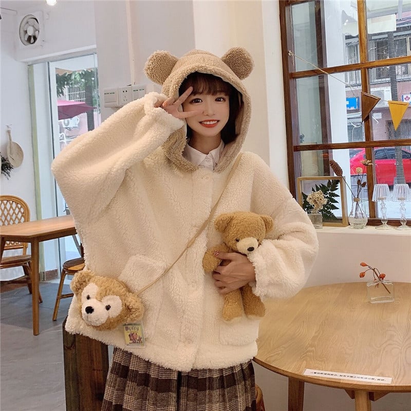 Cute Bear Ear Lamb Wool Winter Cardigan for Women