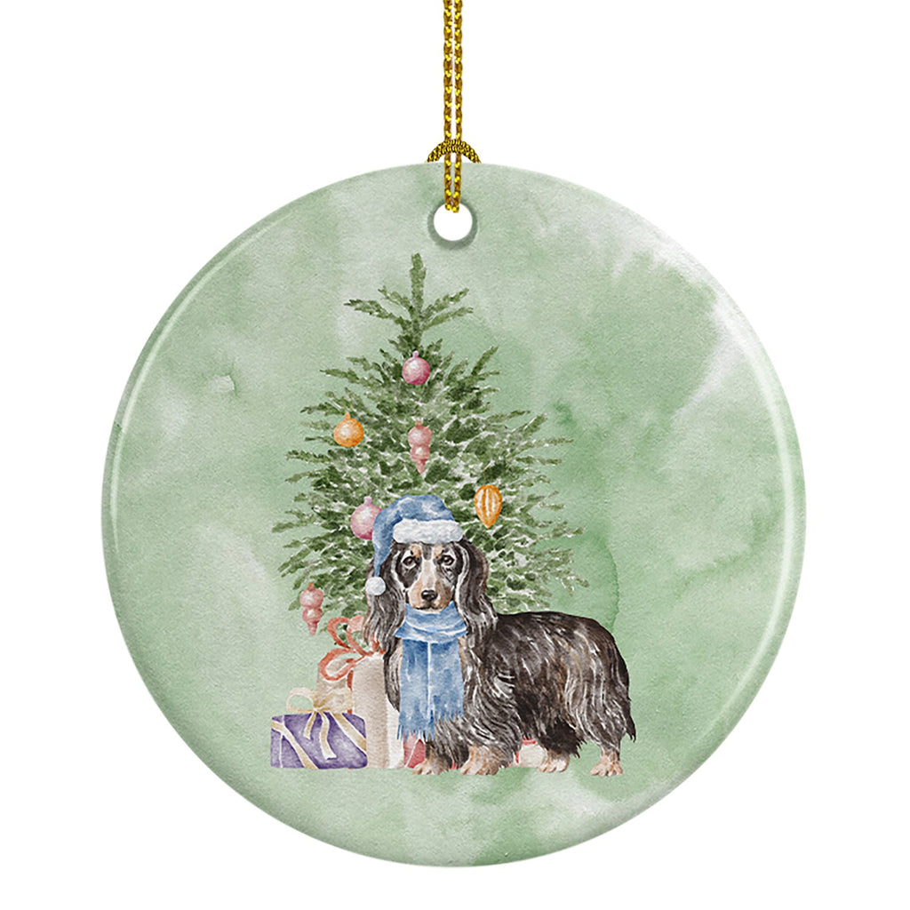 Dachshund Longhair Black Tan Christmas Presents and Tree Ceramic Ornament