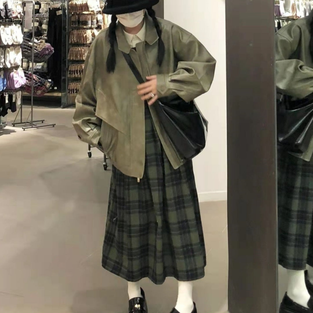 Vintage Green Plaid Wool Back Strap Matte Dress