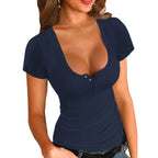 Solid Color Casual U-Neck Short Sleeve Pullover Top | Streetwear
