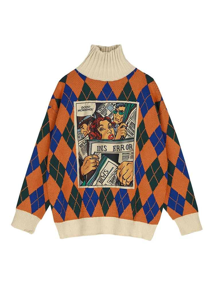 Vintage Argyle Plaid Sweater with Cartoon Pattern for Women