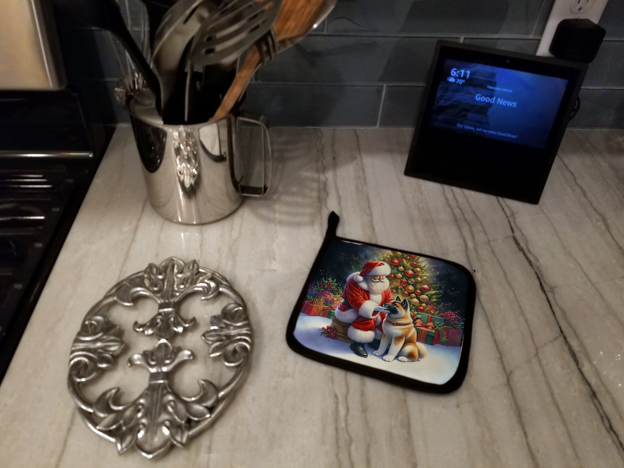 Akita and Santa Claus Pair of Pot Holders
