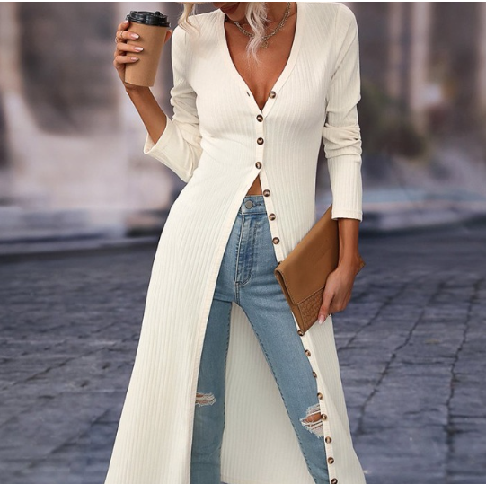Noami White Slim Fit V-Neck Long Summer Jacket (One Piece)