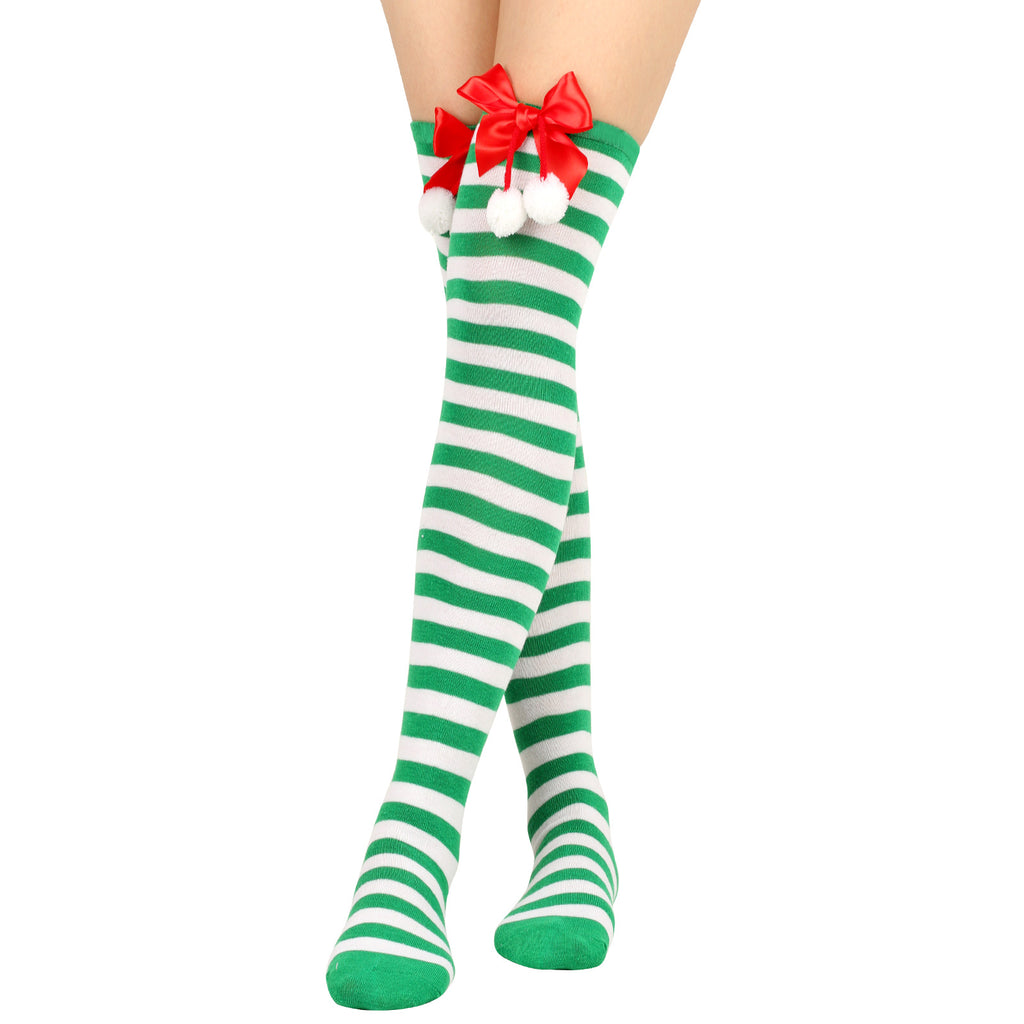 Puff Ball Bow Over Knee Christmas Socks for Women