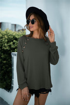 New Crew Neck Button Decor Long Sleeve Knit Sweater