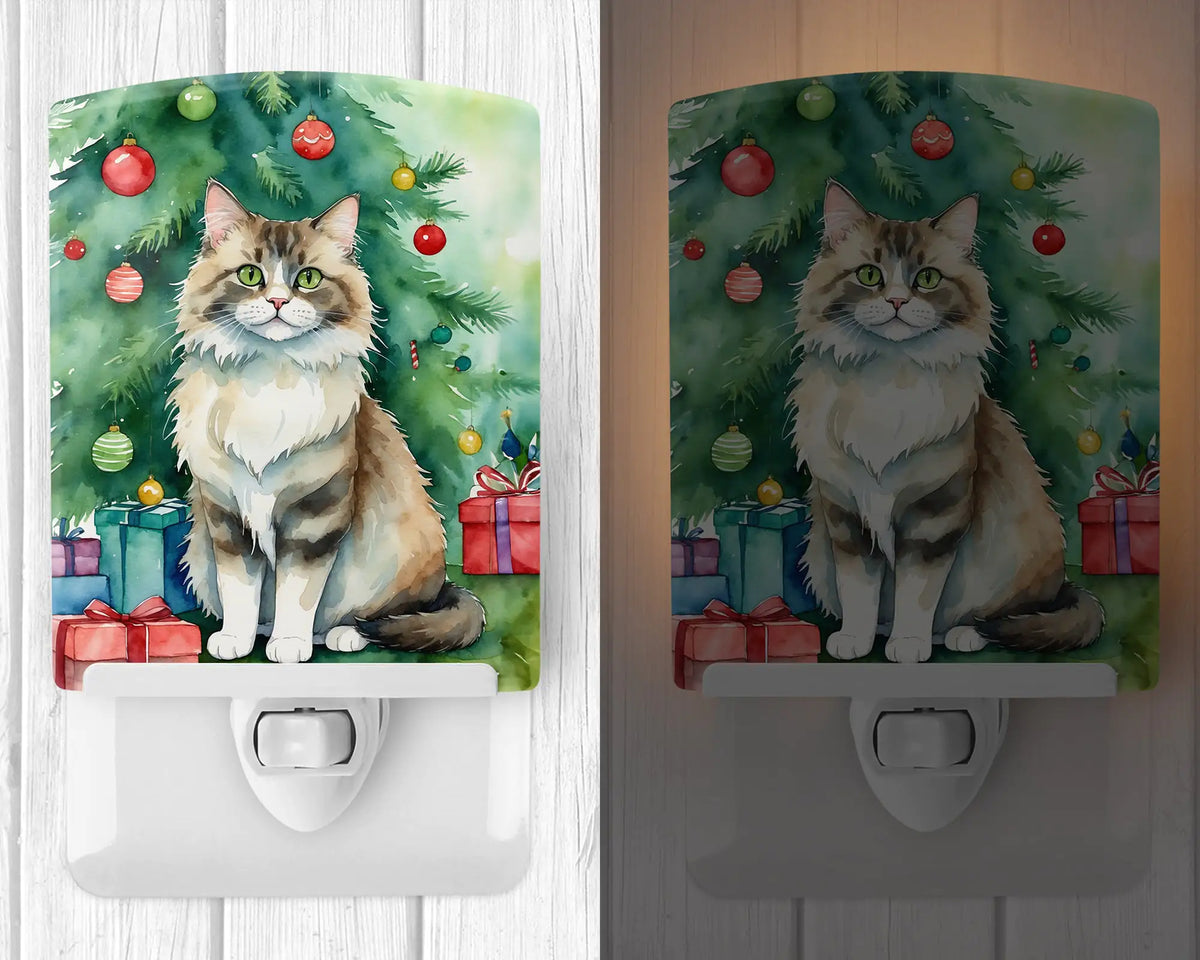 Ragamuffin Cat By the Christmas Tree Ceramic Night Light