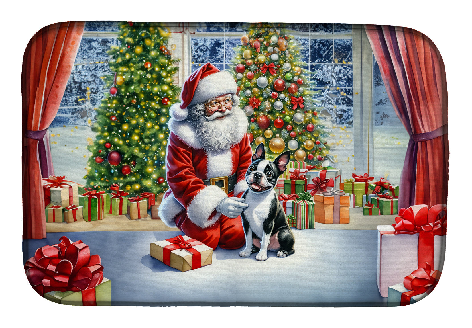 Boston Terrier and Santa Claus Dish Drying Mat