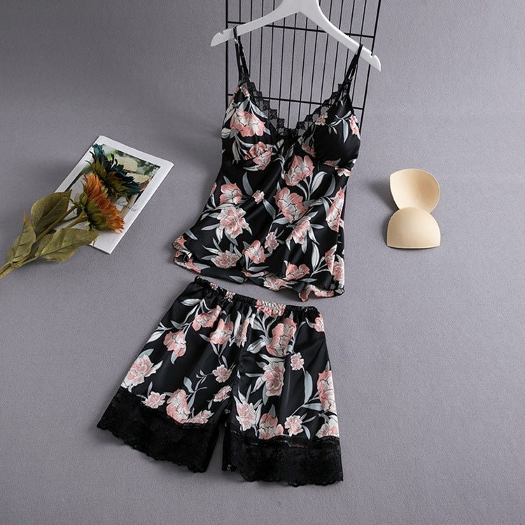 Spring Summer Sexy Camisole Shorts Pajama Set with Pad