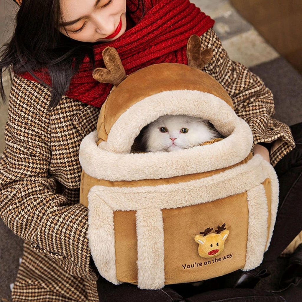 Plush Reindeer Pet Carrier Backpack with Hand Warmers | Streetwear