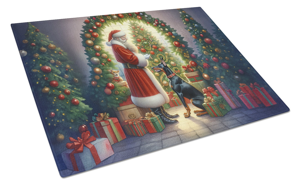 Doberman Pinscher and Santa Claus Glass Cutting Board