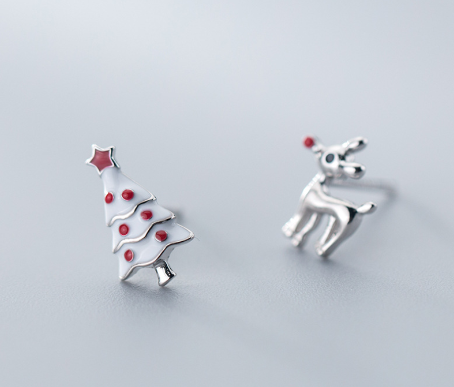 Silver Cute Asymmetric Christmas Tree Earrings