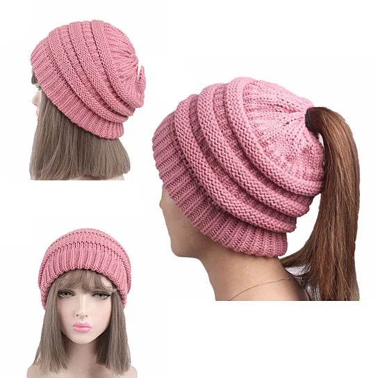 Pony Beanie Super Cute Cable Knit Hat | Embroidered Cap