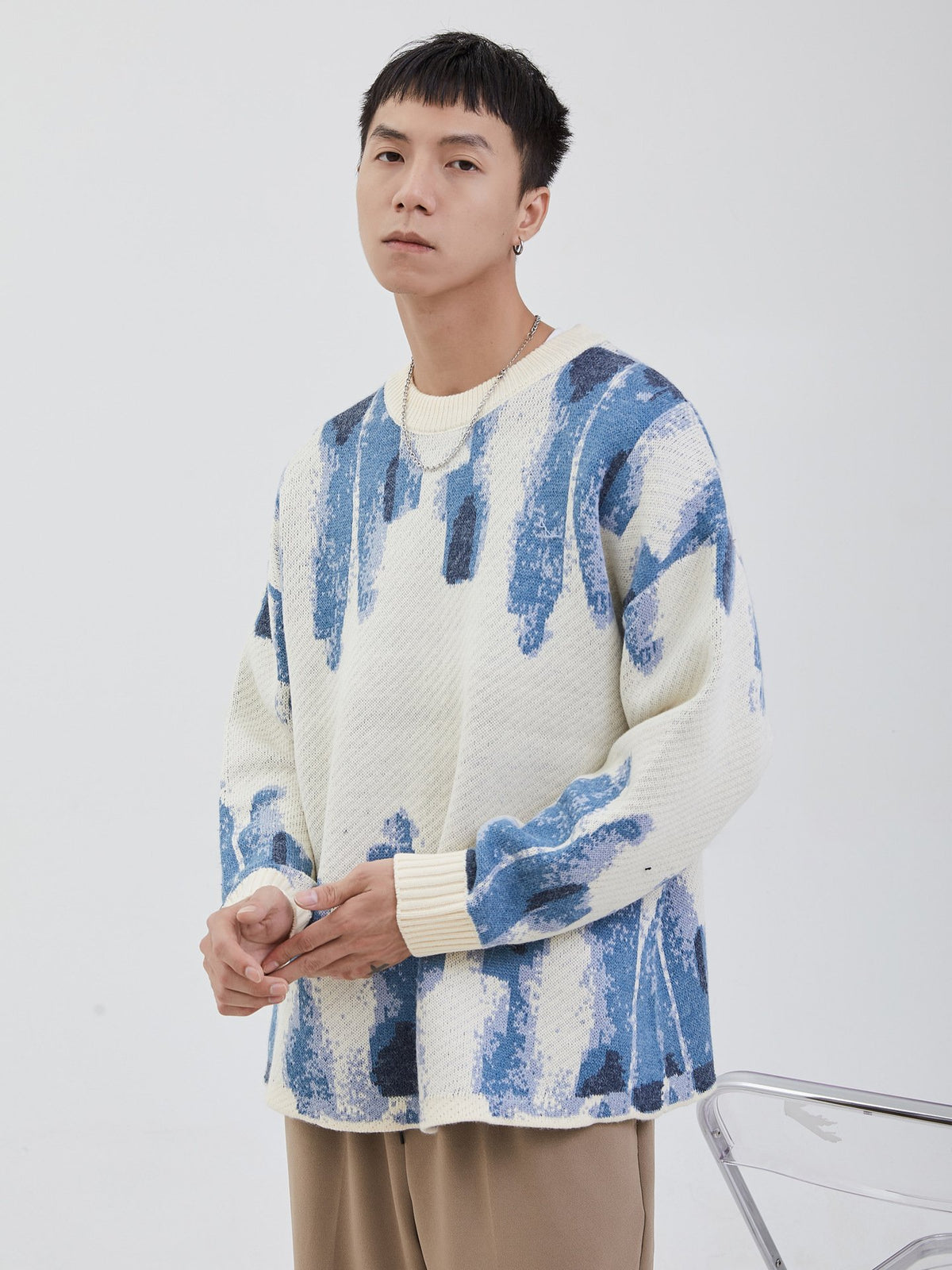 Blue Graffiti Watercolor Loose Knit Casual Sweater