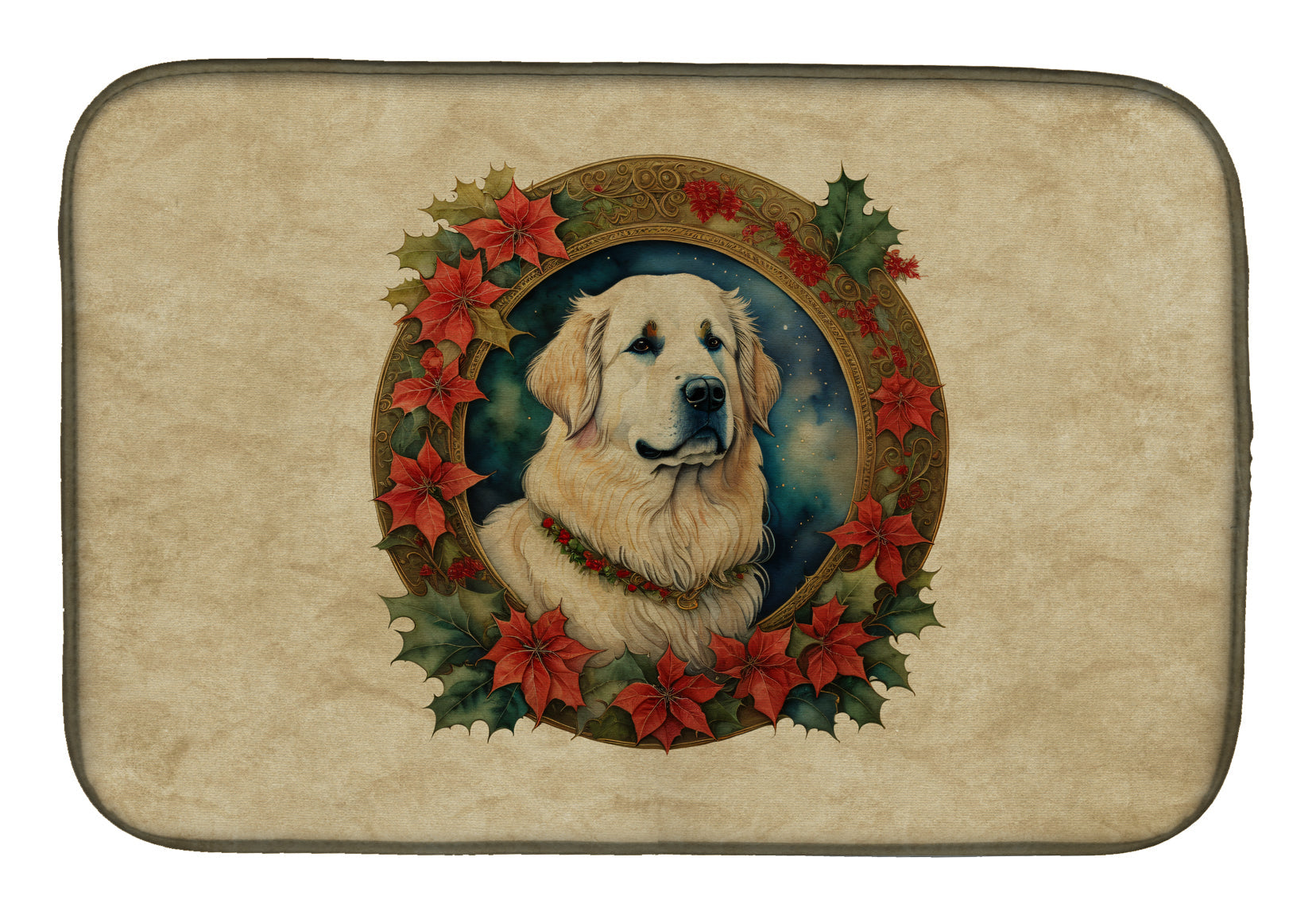 Great Pyrenees Christmas Flowers Dish Drying Mat
