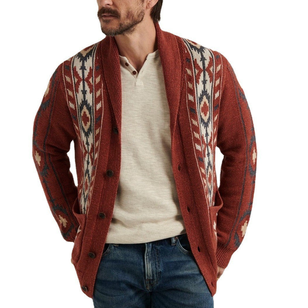 Men's Knitted Lapel Brocade Sweater