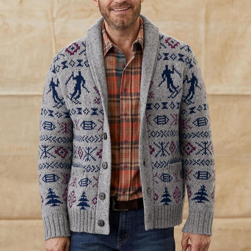 Men's Jacquard Long Sleeve Sweater Coat