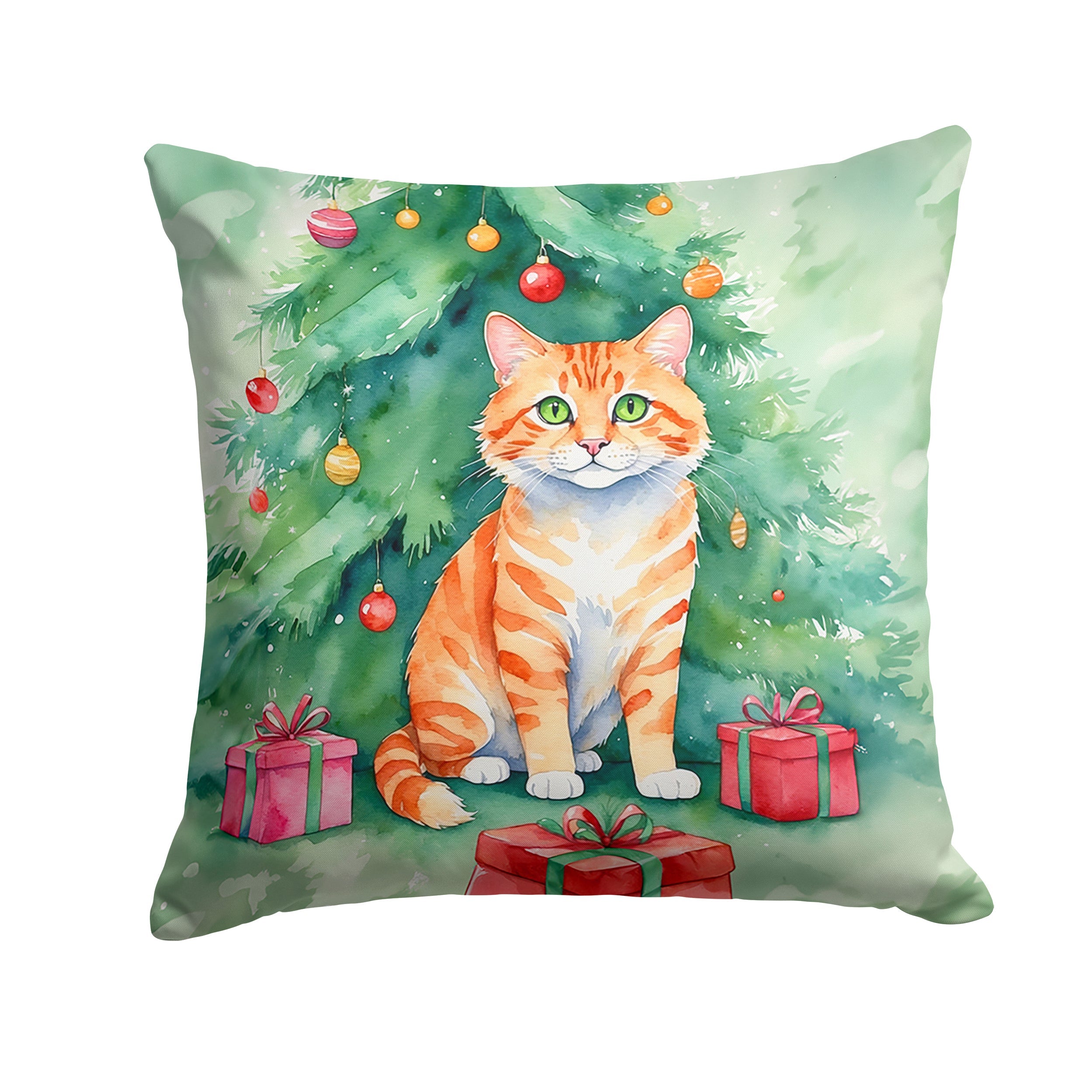 Cheetoh Cat By the Christmas Tree Throw Pillow
