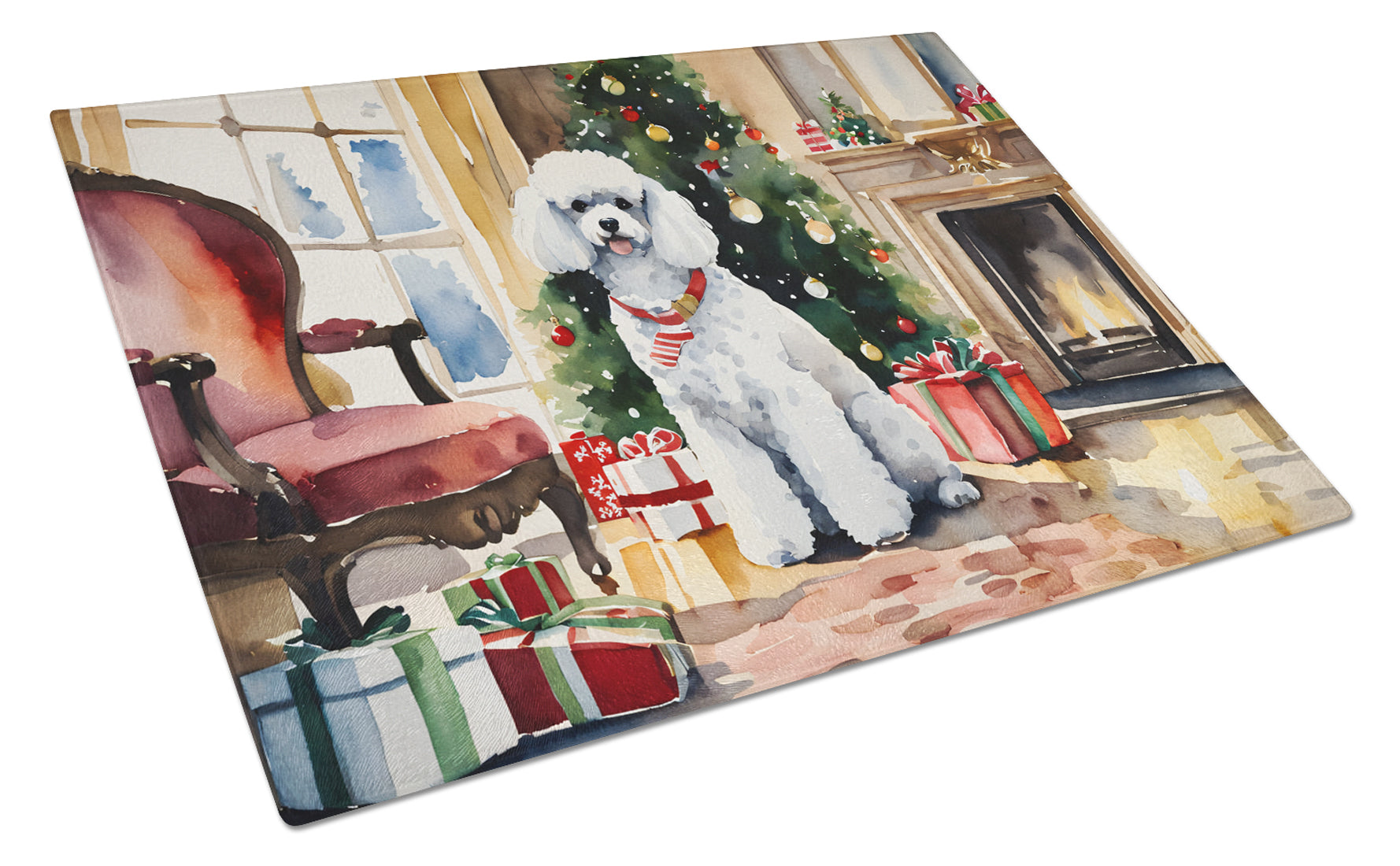 Poodle Cozy Christmas Glass Cutting Board