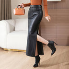 Fleece-lined PU Leather Side Slit Hip Skirt for Fall/Winter