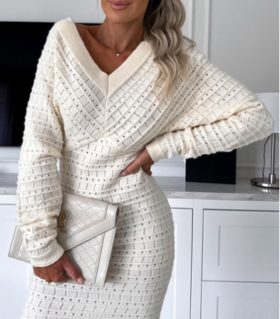 European American V-neck Wool Dress