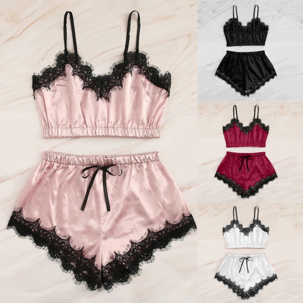 Lace Lingerie Set with Crop Top and Shorts (Two Pieces)