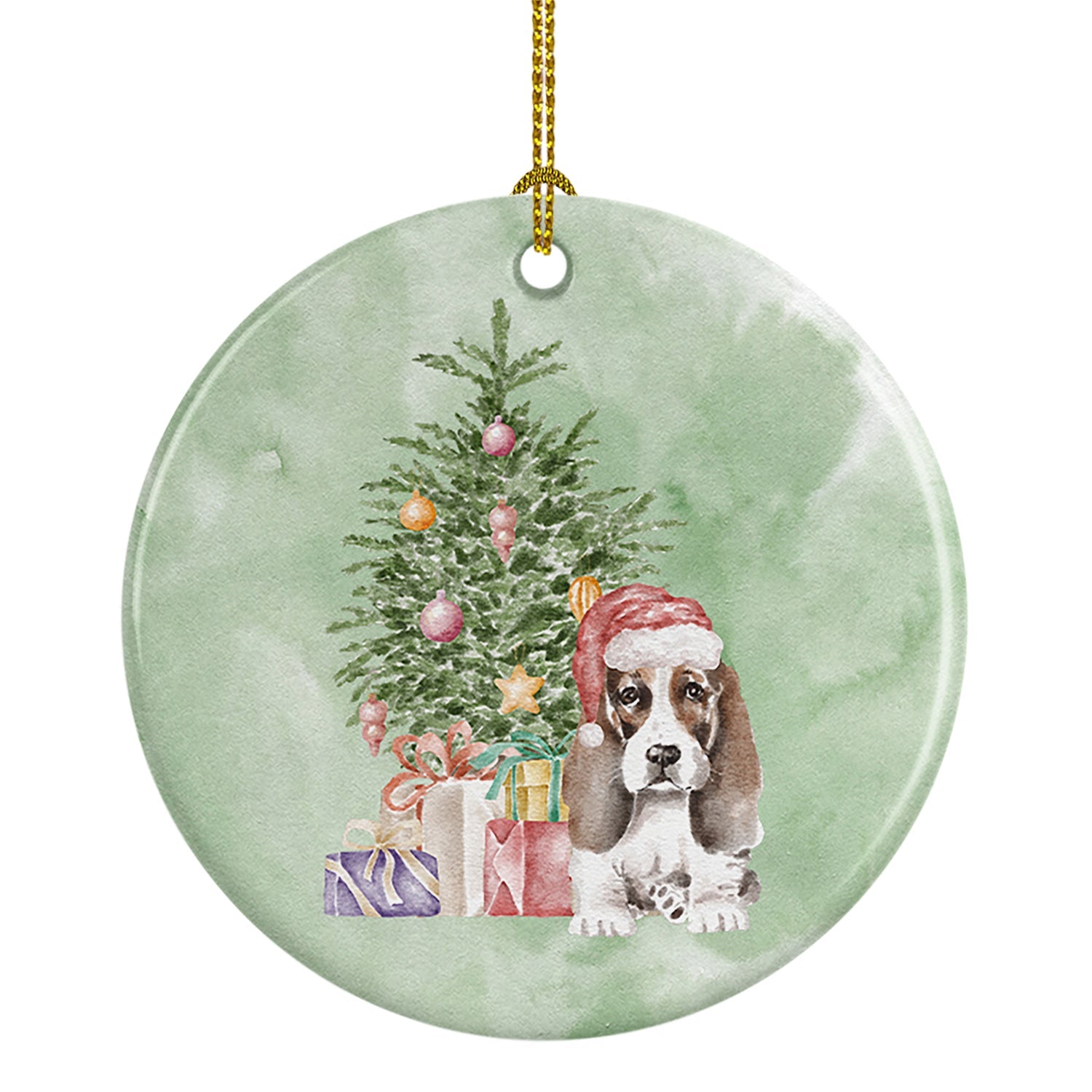 Basset Hound Puppy #2 Christmas Presents and Tree Ceramic Ornament
