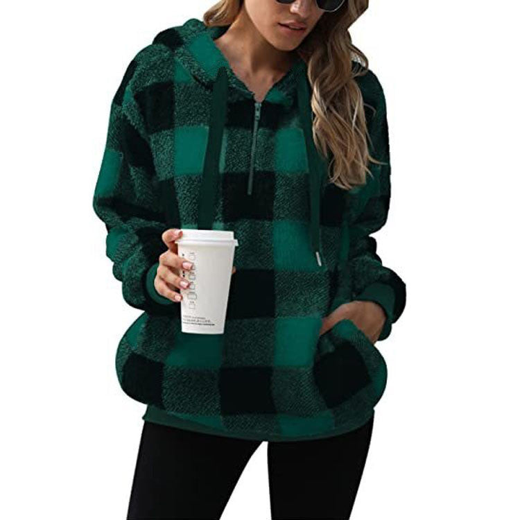 Long-sleeved Hooded Plaid Plush Sweater for Women