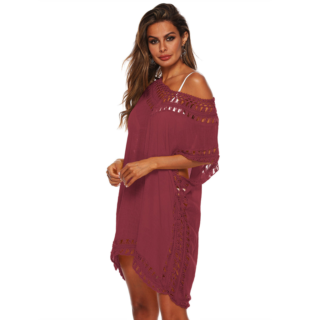 Solid Color V-Neck Crochet Beach Cover-Up Dress A1965