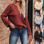 Solid V-Neck Knitted Curly Sweater for Women