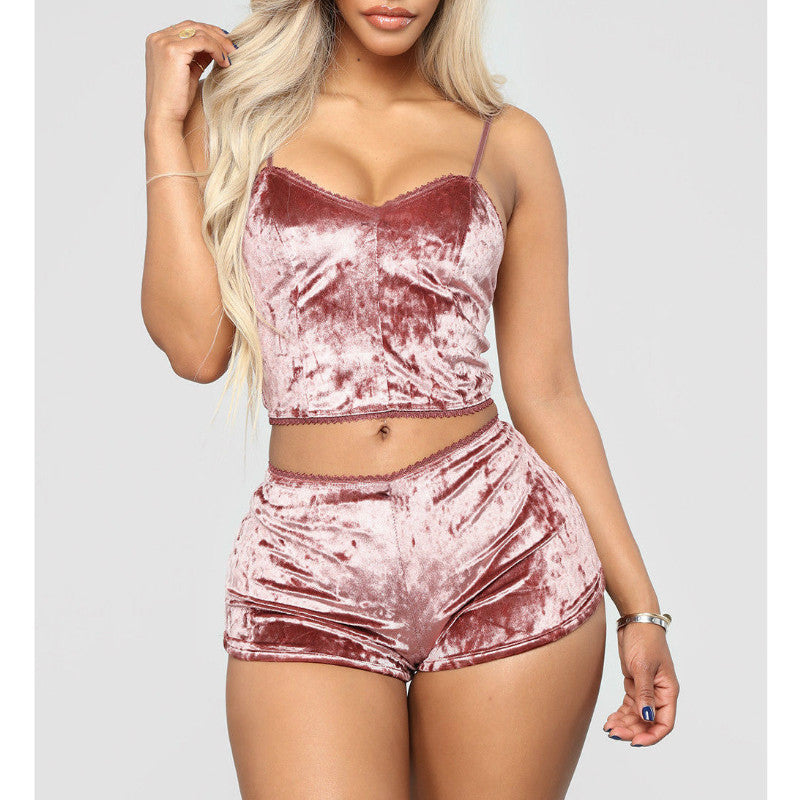 Velvet Sleepwear Set for Women - Spaghetti Strap & Shorts