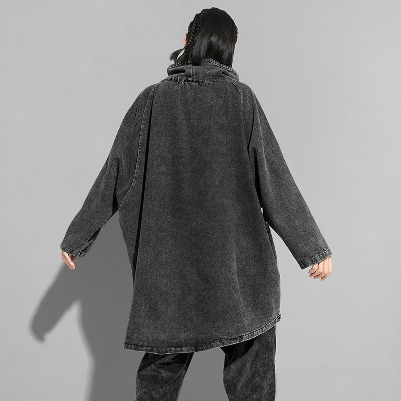 Oversized Black Washed Denim Turtleneck Jacket