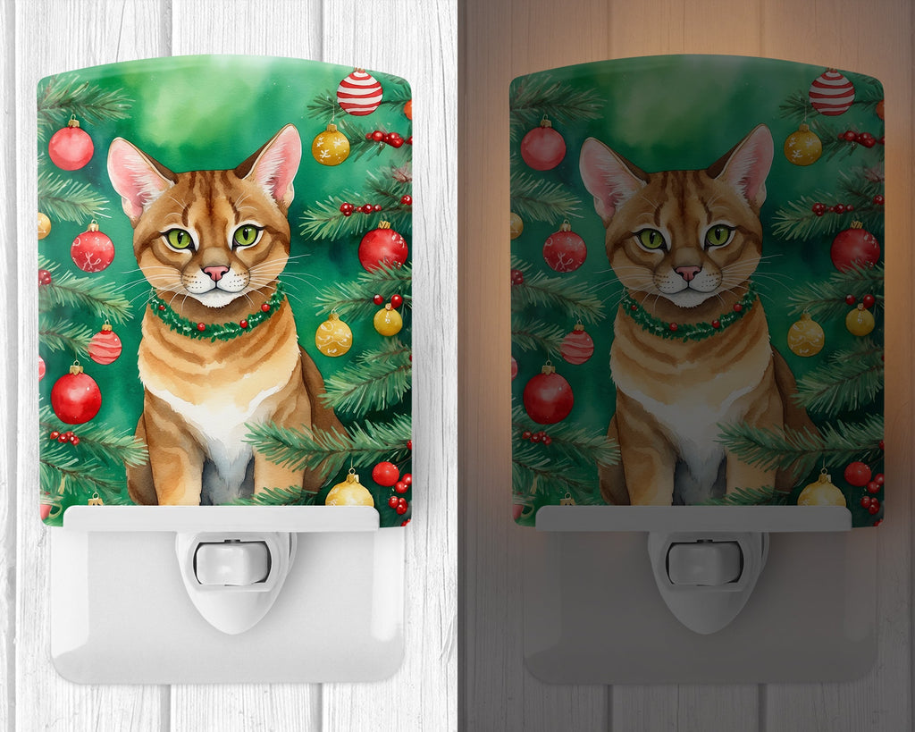 Chausie Cat By the Christmas Tree Ceramic Night Light