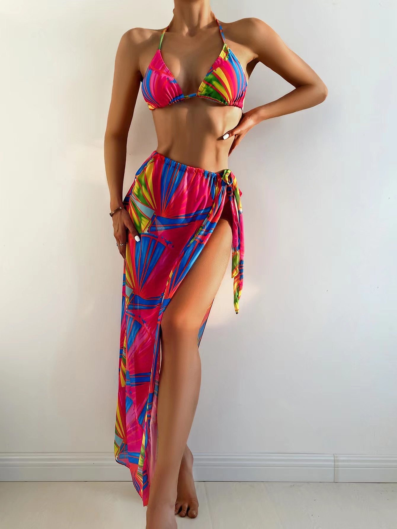 Floral Triangle Bikini Set with Straps for Women