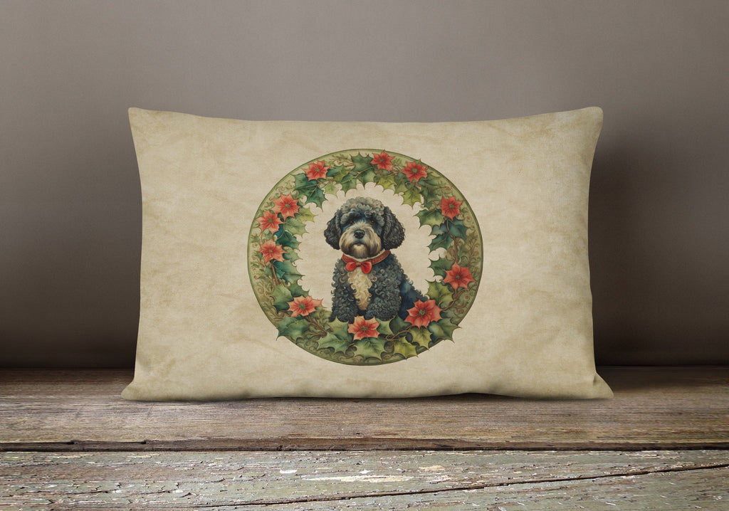 Portuguese Water Dog Christmas Flowers Throw Pillow