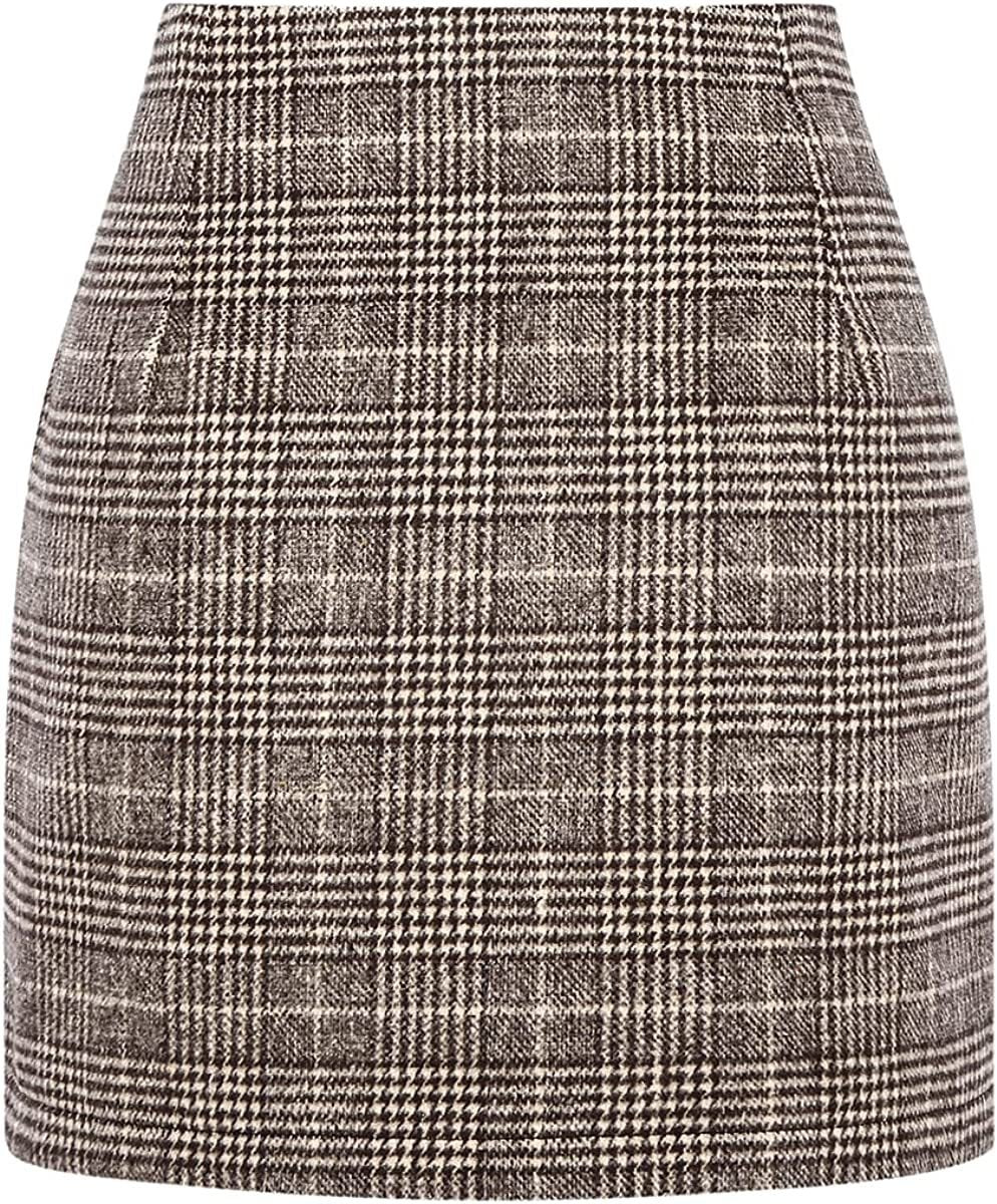 High Waist Plaid Wool Pencil Mini Skirt for Women