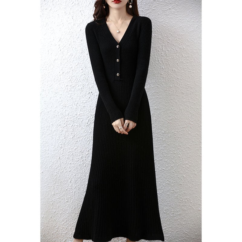 Elegant V-neck Wool Knitted Dress for Women