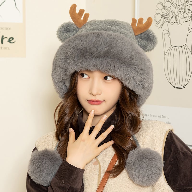 Knitted Plush Christmas Antler Hat for Women | Embroidered Cap