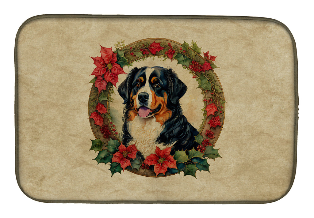 Bernese Mountain Dog Christmas Flowers Dish Drying Mat