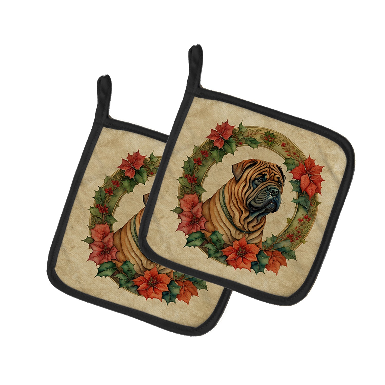 Shar Pei Christmas Flowers Pair of Pot Holders