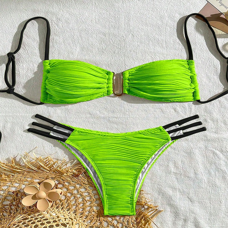 Cream Textured Bandeau Bikini Set