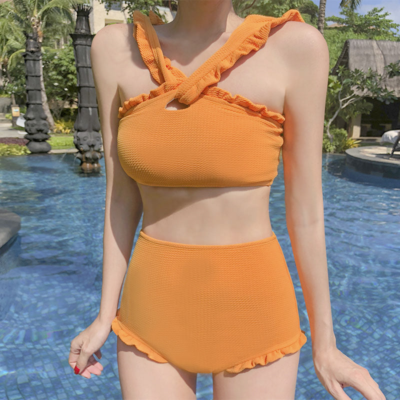 High-Waisted Split Bikini with Ruffle Edge Design