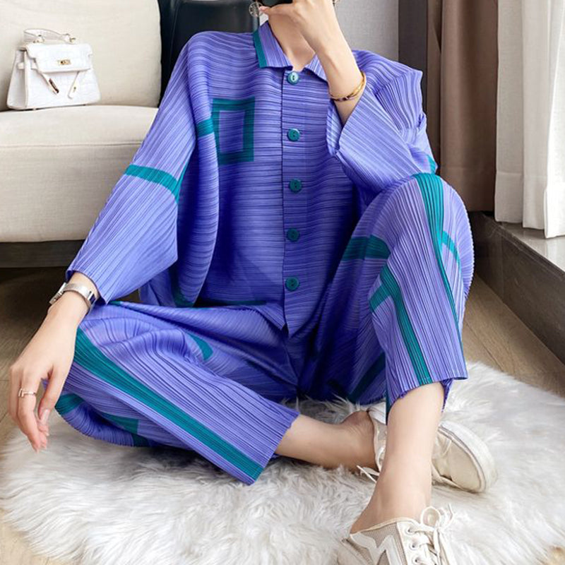 Women's Geometric Pleated Cardigan Set for Fall/Winter