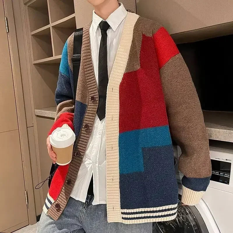 90s Vintage Red V-Neck Knit Sweater for Men