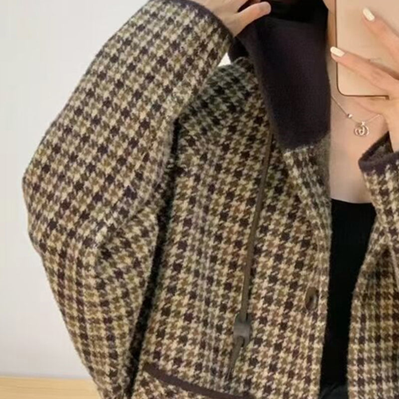 Vintage Plaid Hooded Women's Sweater Jacket Cardigan