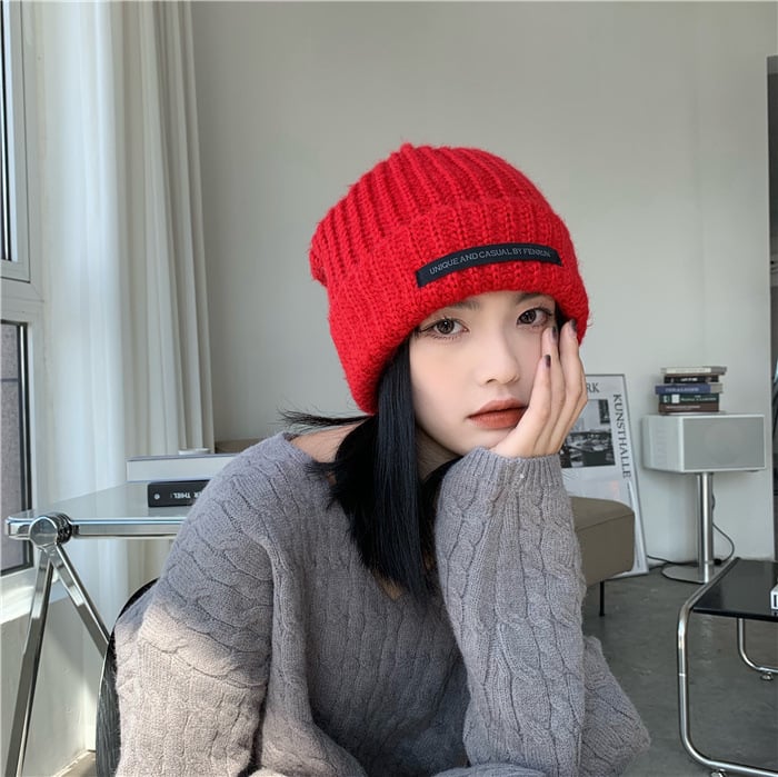 Women's Thick Wool Blend Knitted Hat for Autumn/Winter | Embroidered Cap