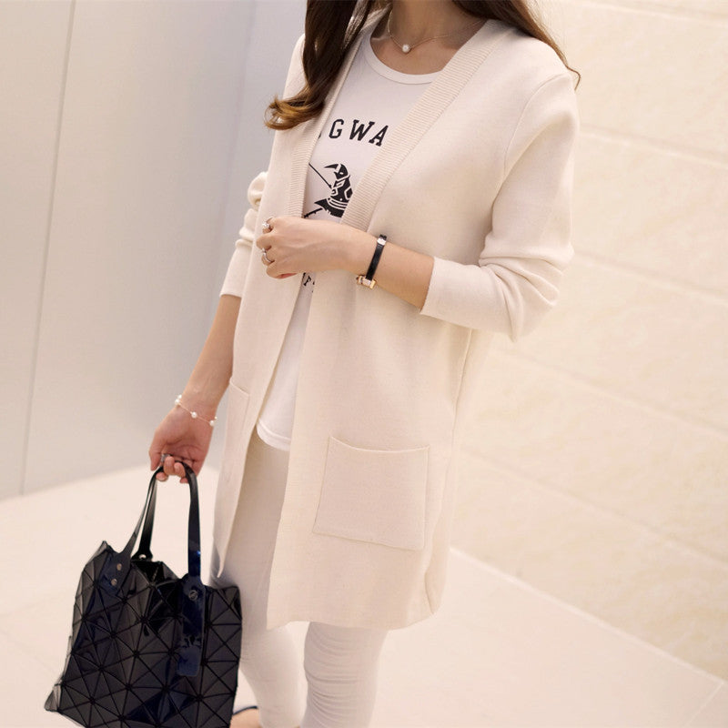 V-neck Mid-length Knitted Cardigan with Pockets