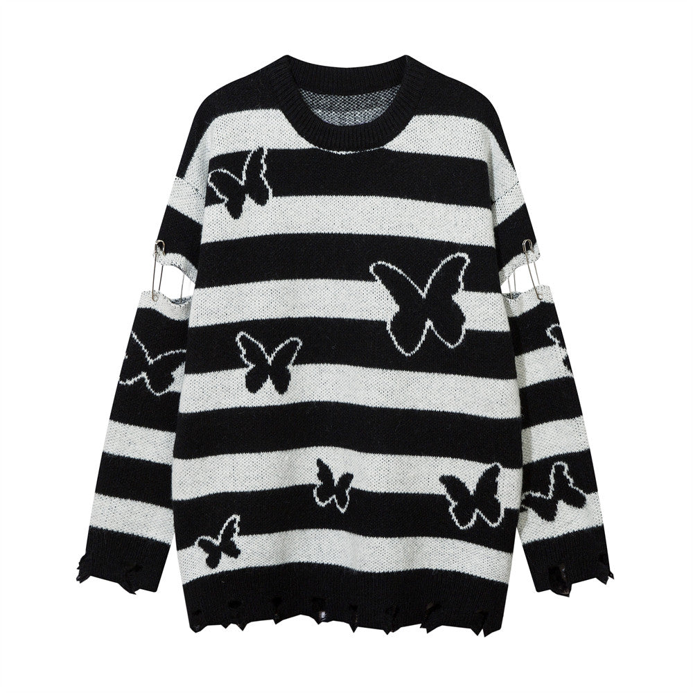 Striped Colorblock Butterfly Round Neck Sweater