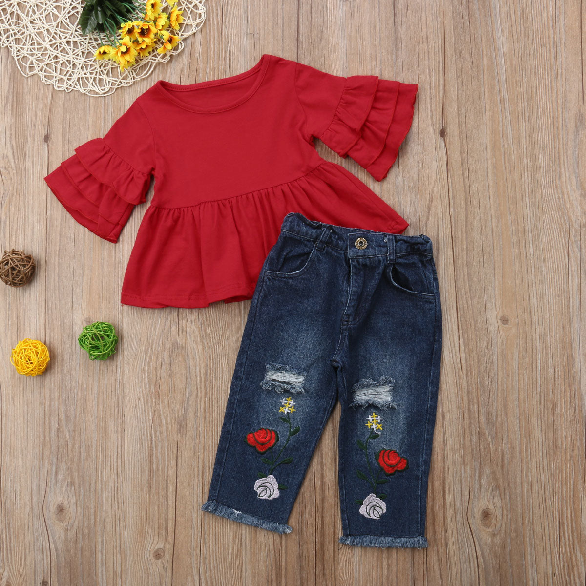 Lace Set with Embroidered Denim Pants Ensemble