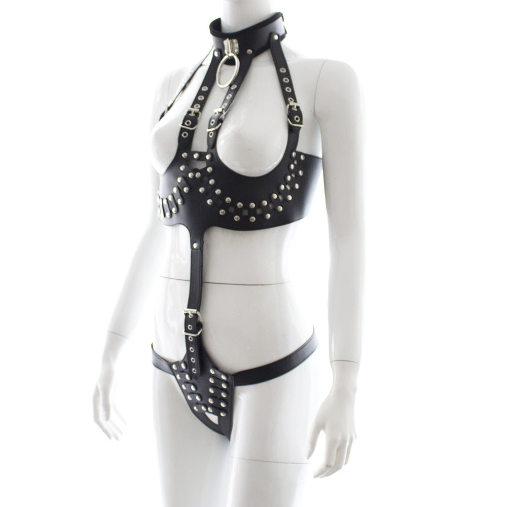 Black Leather Bodysuit with Open-Breast Design